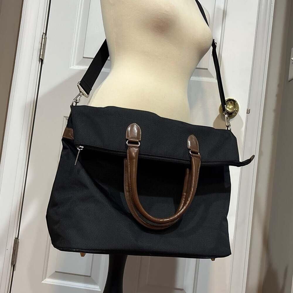 CHAPS Black Nylon Travel Tote Large Weekender Bag with Faux Brown Trim